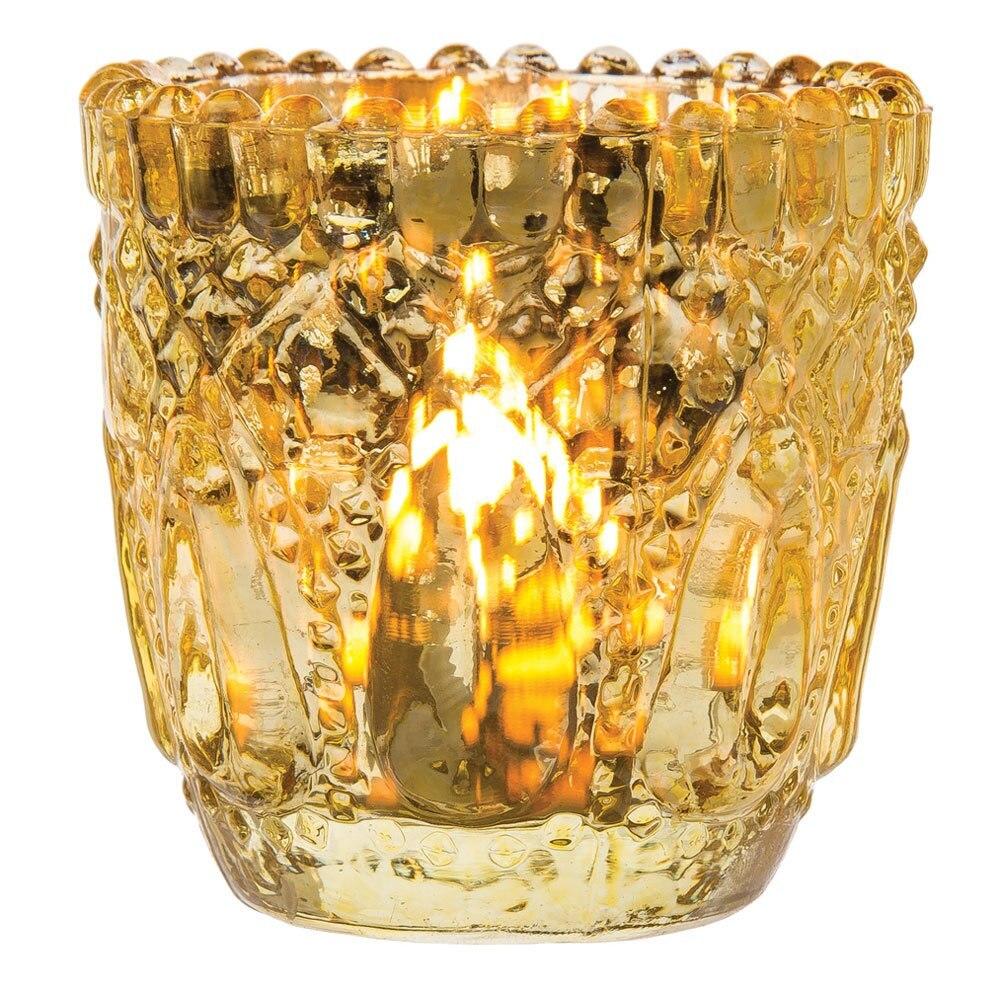 Faceted Vintage Mercury Glass Candle Holder (2.75-Inch, Lillian Design, Gold) - For Use with Tea Lights - For Home Decor, Parties and Wedding Decorations - PaperLanternStore.com - Paper Lanterns, Decor, Party Lights & More