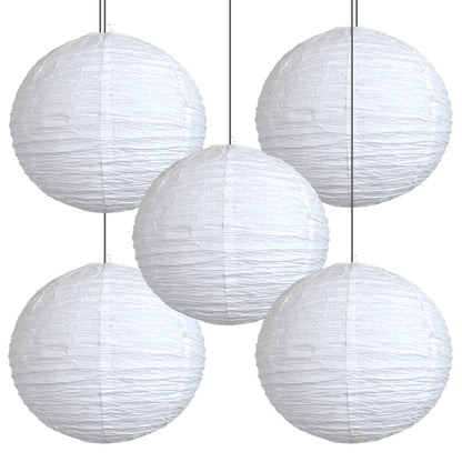 BULK PACK (5) 16" White Round Crepe Paper Lanterns, Even Ribbing, Hanging Decoration