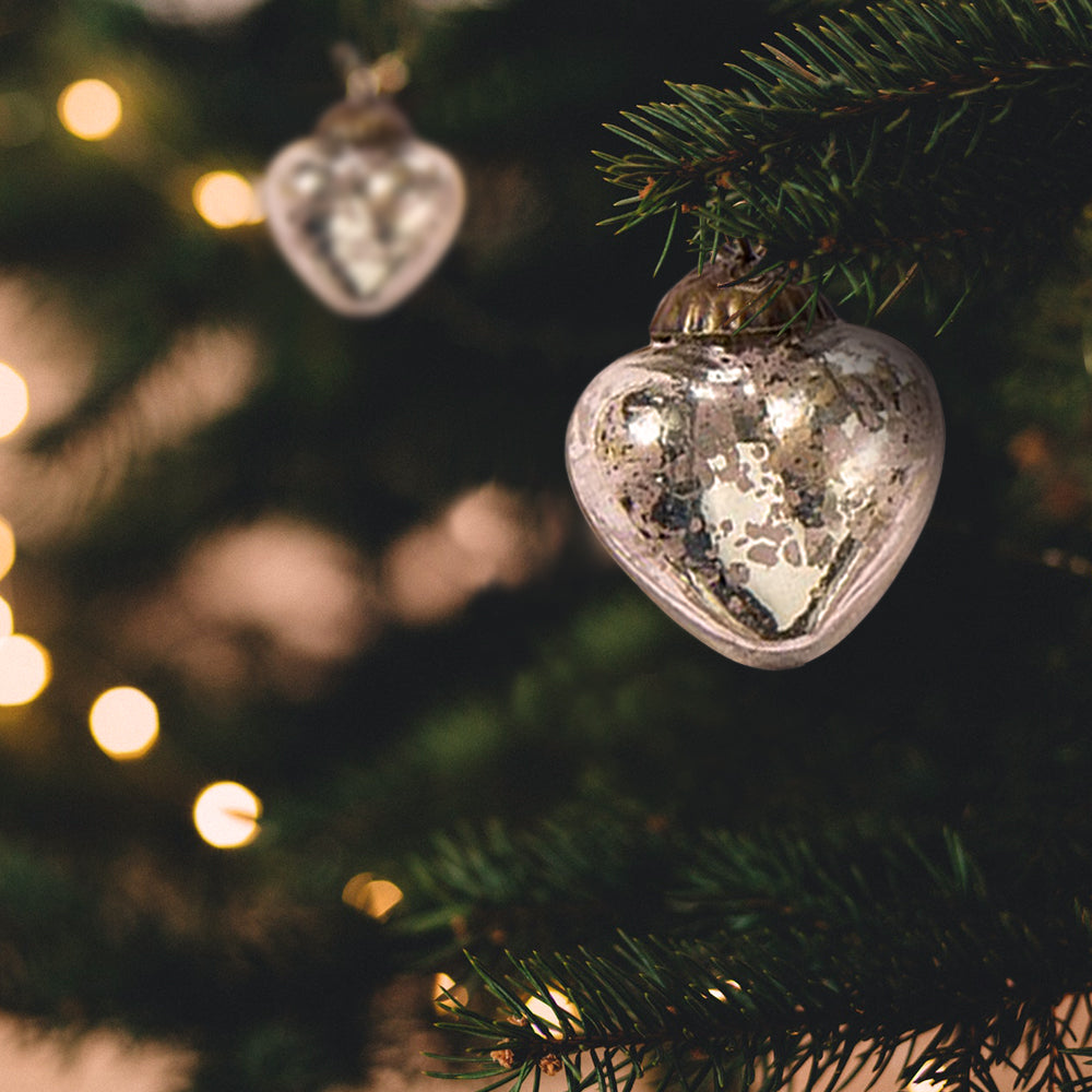 6 Pack | 1.5" Silver Cora Mercury Glass Heart Ornaments Christmas Tree Decoration - PaperLanternStore.com - Paper Lanterns, Decor, Party Lights & More
