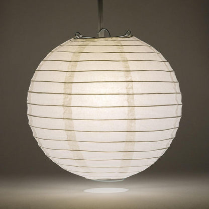 Lit White Round Paper Lantern, Crisscross Ribbing, Chinese Hanging Wedding & Party Decoration