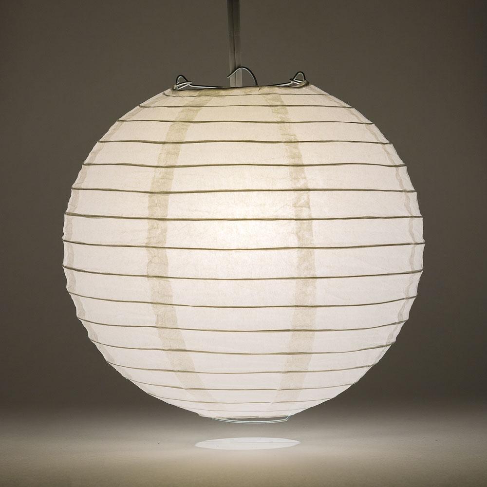 Lit White Round Paper Lantern, Even Ribbing, Chinese Hanging Wedding & Party Decoration