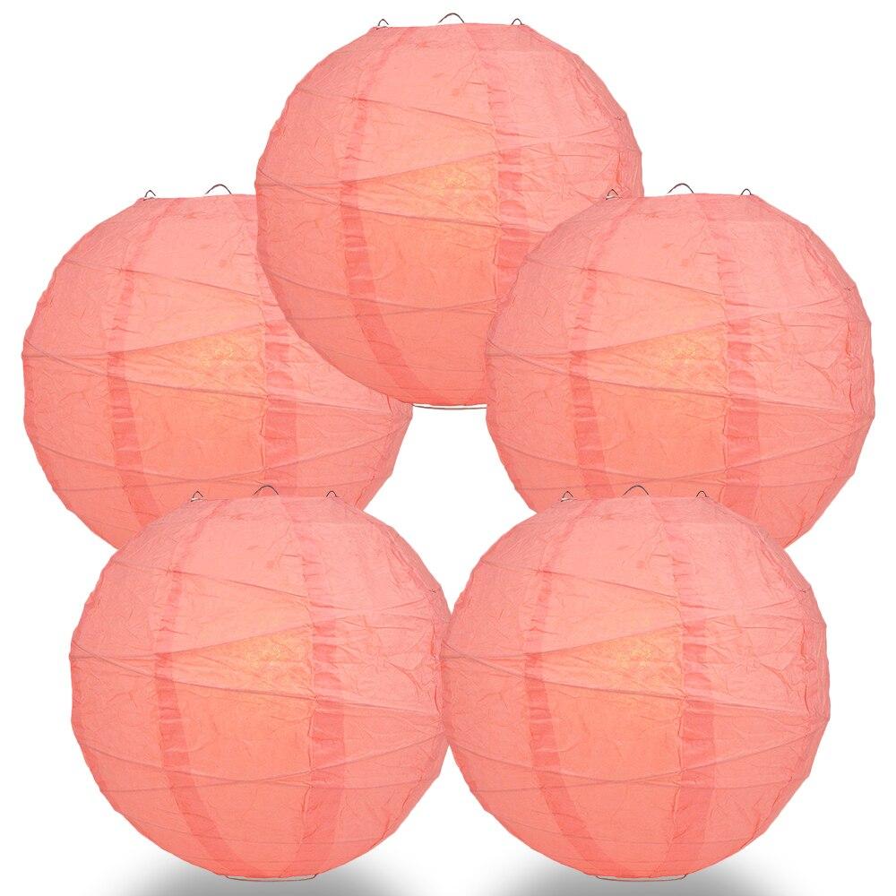 BULK PACK (5) 18" Roseate / Pink Coral Round Paper Lantern, Crisscross Ribbing, Chinese Hanging Wedding & Party Decoration - PaperLanternStore.com - Paper Lanterns, Decor, Party Lights & More
