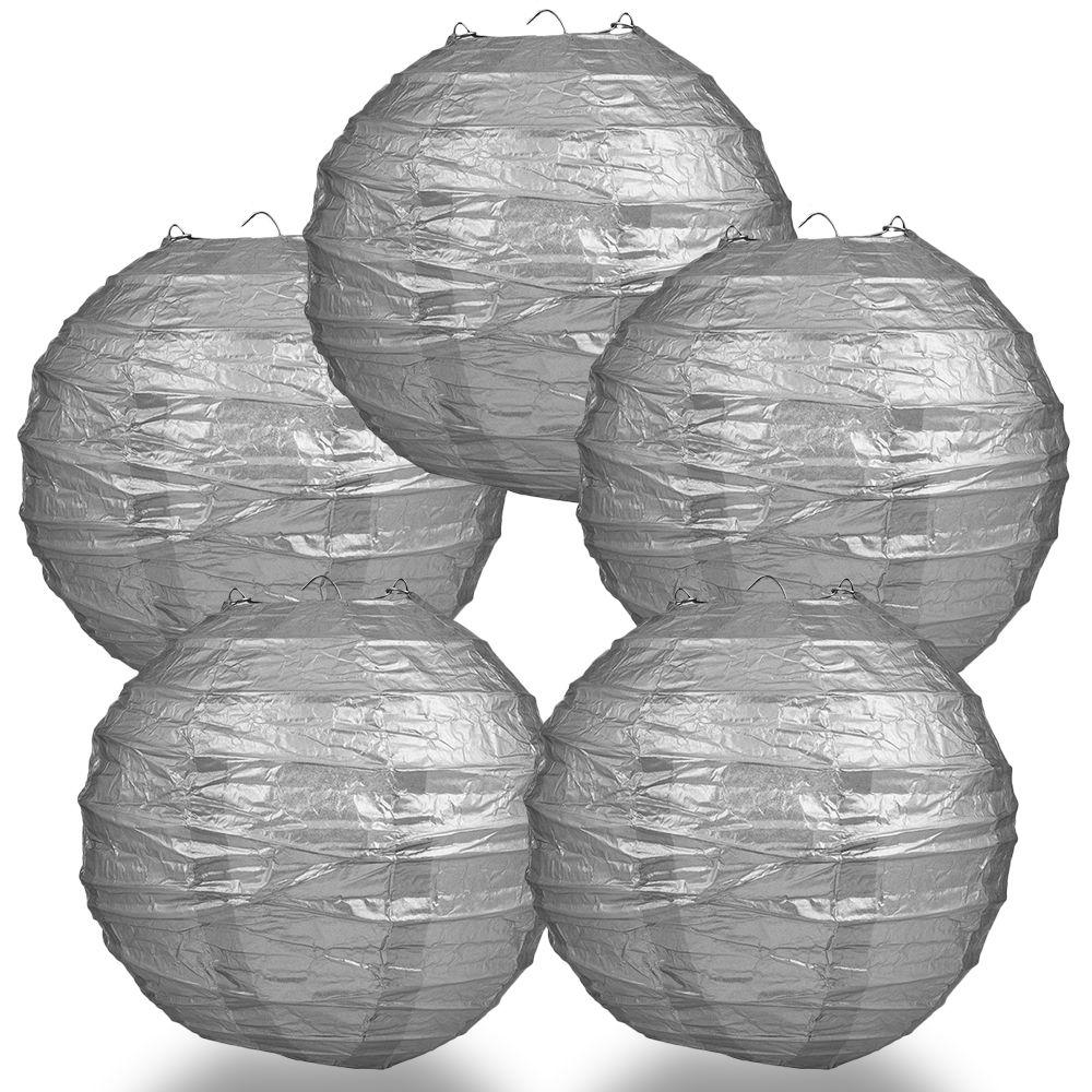 BULK PACK (5) 16" Silver Round Paper Lantern, Crisscross Ribbing, Chinese Hanging Wedding & Party Decoration - PaperLanternStore.com - Paper Lanterns, Decor, Party Lights & More