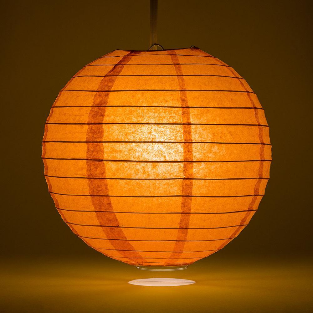 Lit Persimmon Orange Round Paper Lantern, Even Ribbing, Chinese Hanging Wedding & Party Decoration