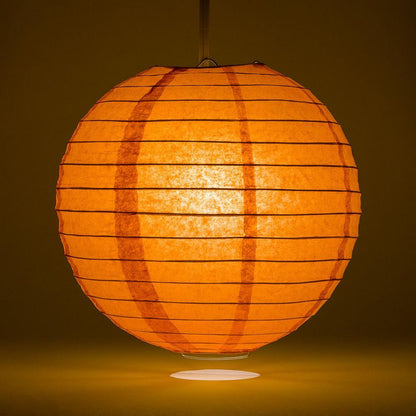 Lit Persimmon Orange Round Paper Lantern, Even Ribbing, Chinese Hanging Wedding & Party Decoration