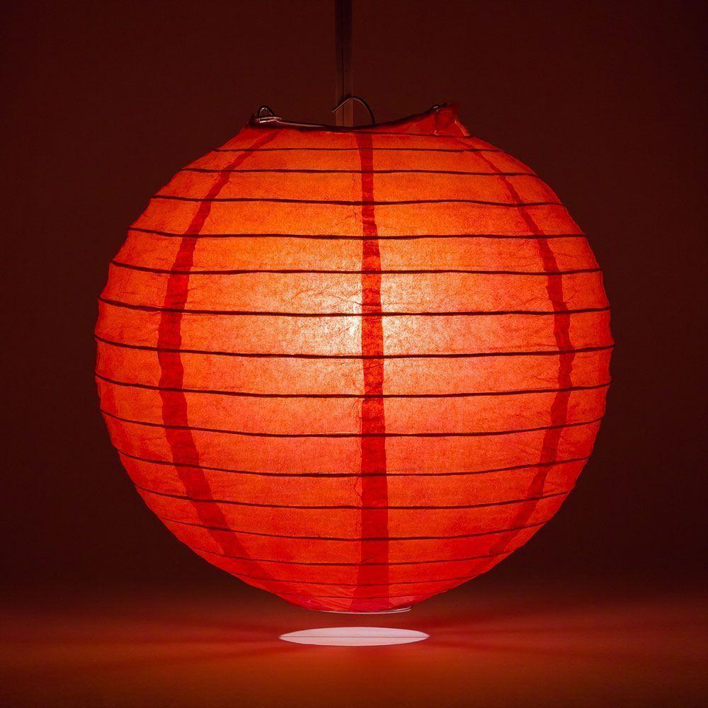 Lit Red Round Paper Lantern, Crisscross Ribbing, Chinese Hanging Wedding & Party Decoration
