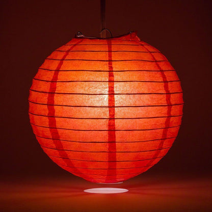 Lit Red Round Paper Lantern, Crisscross Ribbing, Chinese Hanging Wedding & Party Decoration