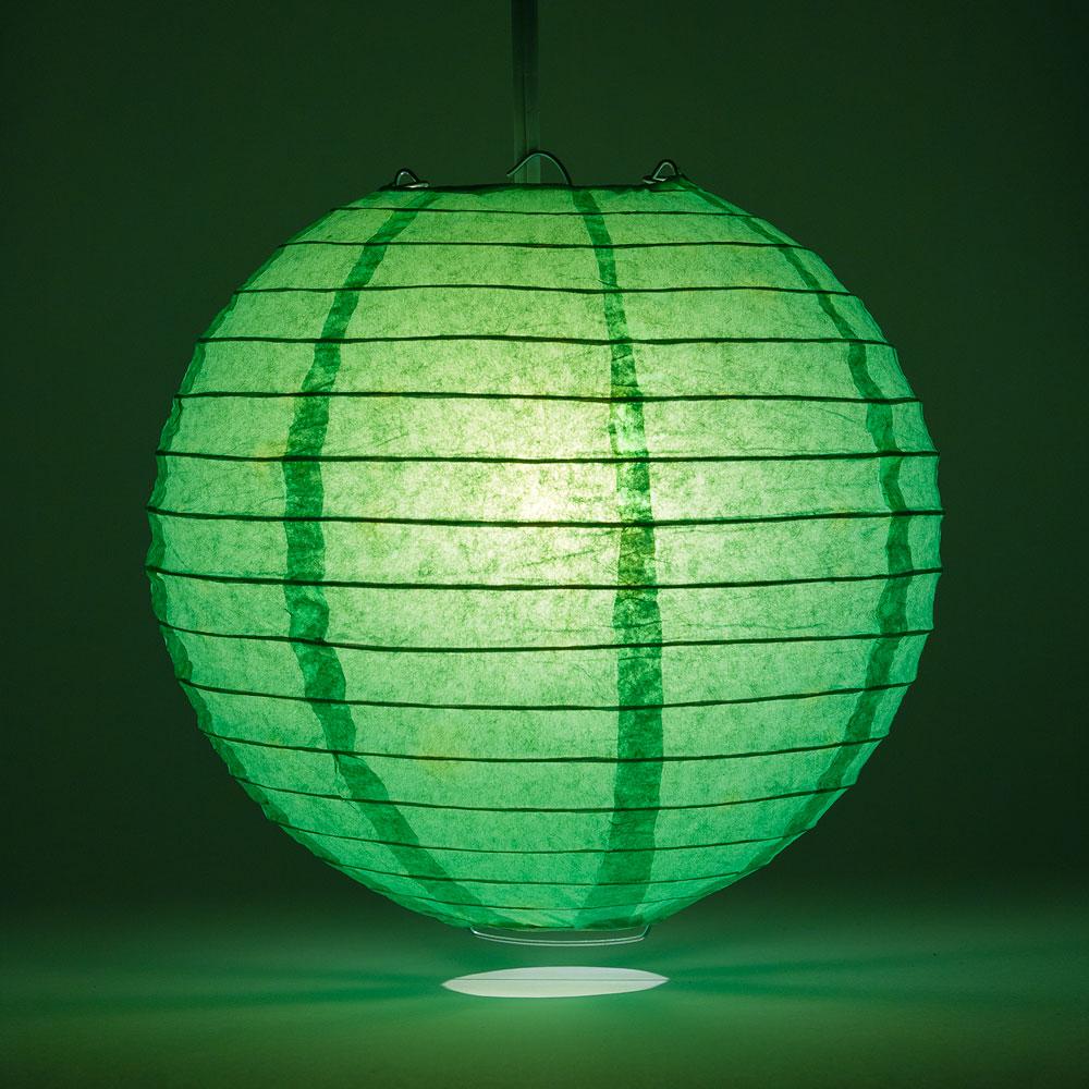 Lit Dark Green Round Paper Lantern, Crisscross Ribbing, Chinese Hanging Wedding & Party Decoration