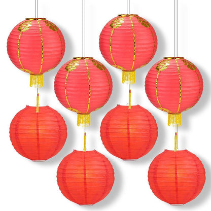 8 PACK | Red Chinese Lunar New Year Prosperity Paper Lantern, Hanging Combo Set