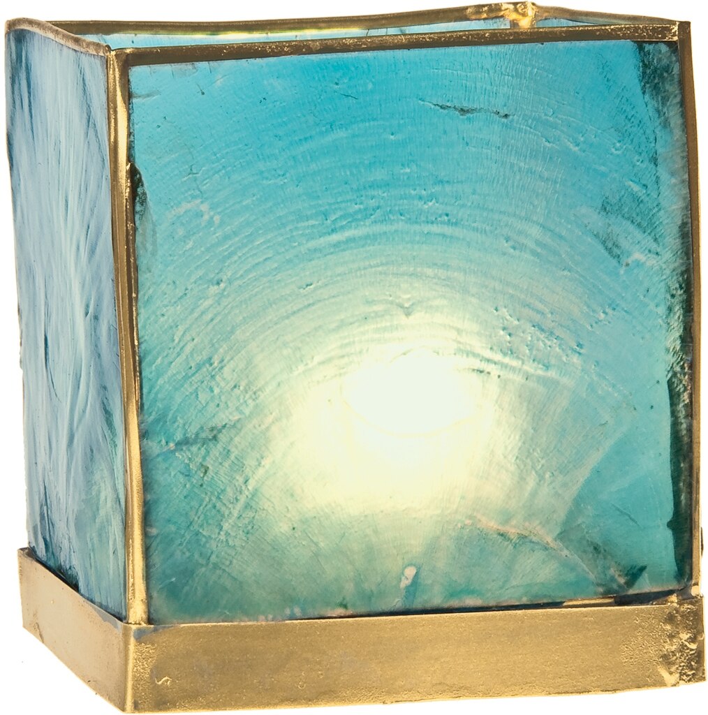 Turquoise Blue & Gold Luana Capiz Square Candle Holder - PaperLanternStore.com - Paper Lanterns, Decor, Party Lights & More