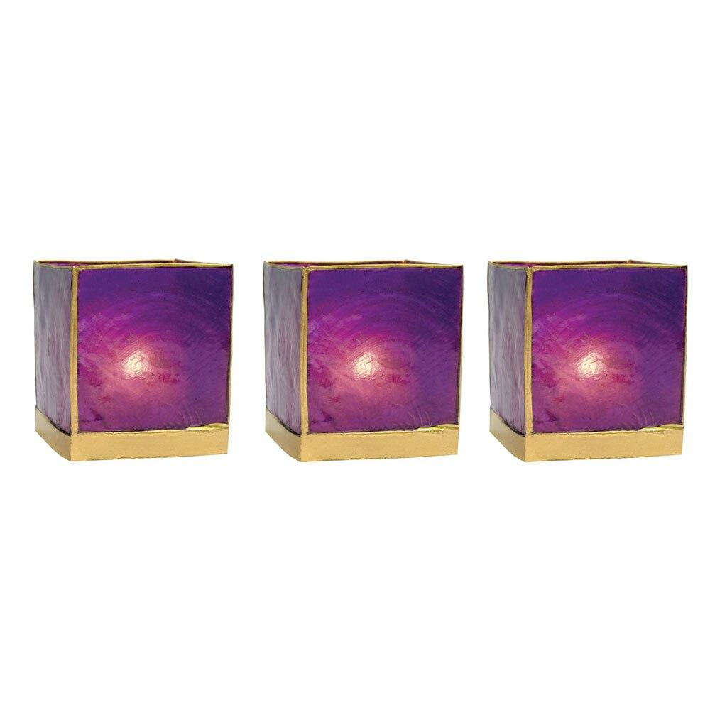 Plum Purple & Gold Luana Capiz Square Candle Holder Set of 3 - PaperLanternStore.com - Paper Lanterns, Decor, Party Lights & More