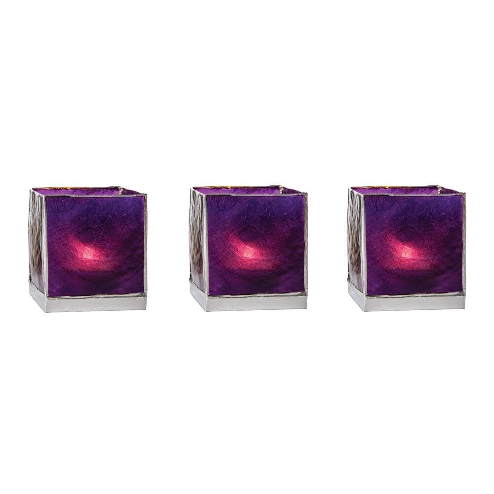 Plum Purple & Silver Luana Capiz Square Candle Holder Set of 3 - PaperLanternStore.com - Paper Lanterns, Decor, Party Lights & More