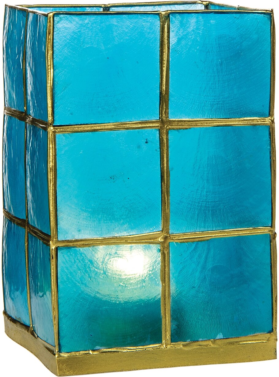 Turquoise Blue & Gold Moku Tall Capiz Candle Holder - PaperLanternStore.com - Paper Lanterns, Decor, Party Lights & More