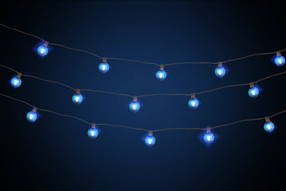 25 Socket Holiday LED Outdoor Patio String Light Set, G40 Blue Globe Bulbs, 28 FT Black Cord