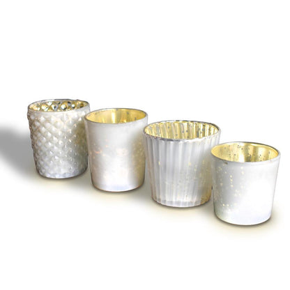 Best of Show Mercury Glass Tealight Votive Candle Holders (Pearl White, Set of 4, Assorted Styles) - for Weddings, Events, Parties, and Home Décor, Ideal Housewarming Gift - PaperLanternStore.com - Paper Lanterns, Decor, Party Lights & More