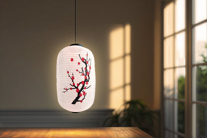 Large Japanese Style Nylon Lantern with Plum Tree Blossoms, White (12"W x 19.5"H)