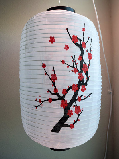 Large Japanese Style Nylon Lantern with Plum Tree Blossoms, White (12"W x 19.5"H)