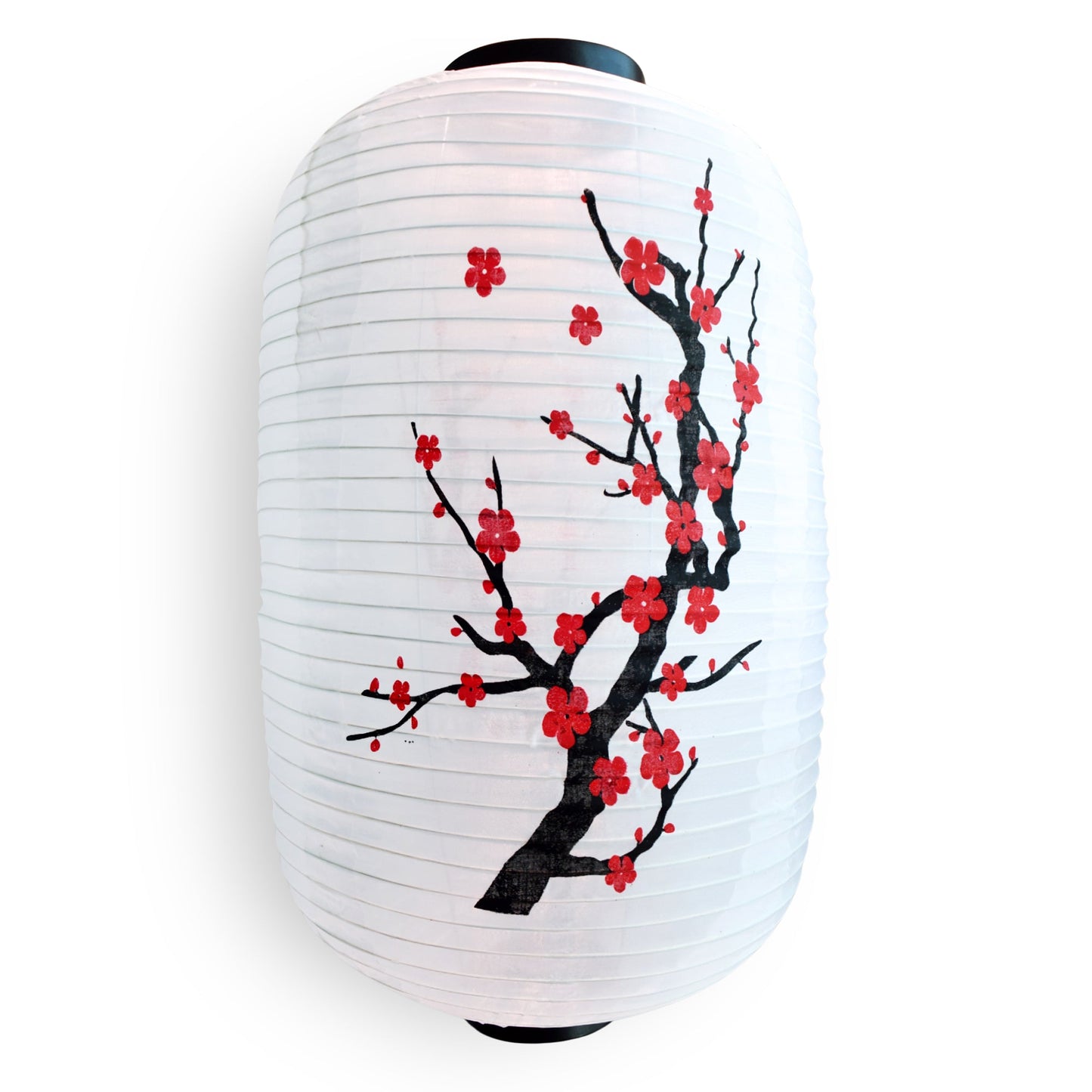 Large Japanese Style Nylon Lantern with Plum Tree Blossoms, White (12"W x 19.5"H)