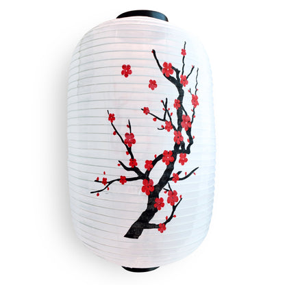 Large Japanese Style Nylon Lantern with Plum Tree Blossoms, White (12"W x 19.5"H)