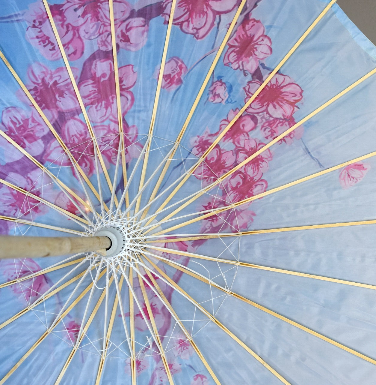 32" Sky Blue Cherry Blossom Nylon Parasol Umbrella with Elegant Handle