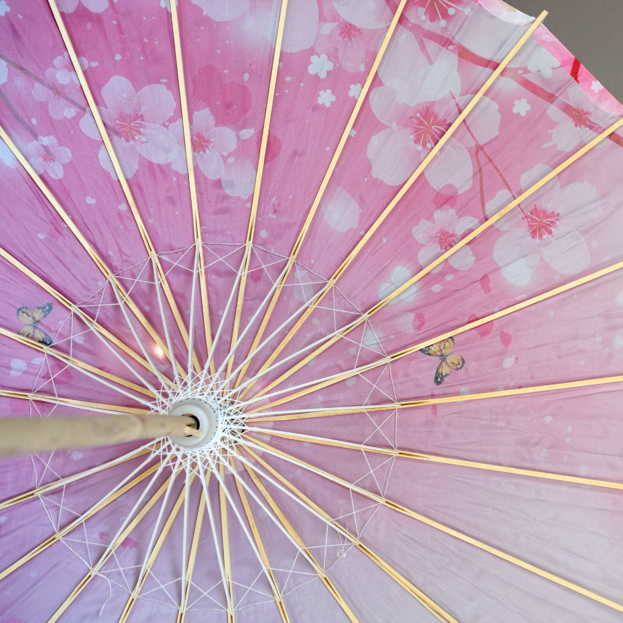 32" Butterfly Pink Cherry Blossom Nylon Parasol Umbrella with Elegant Handle