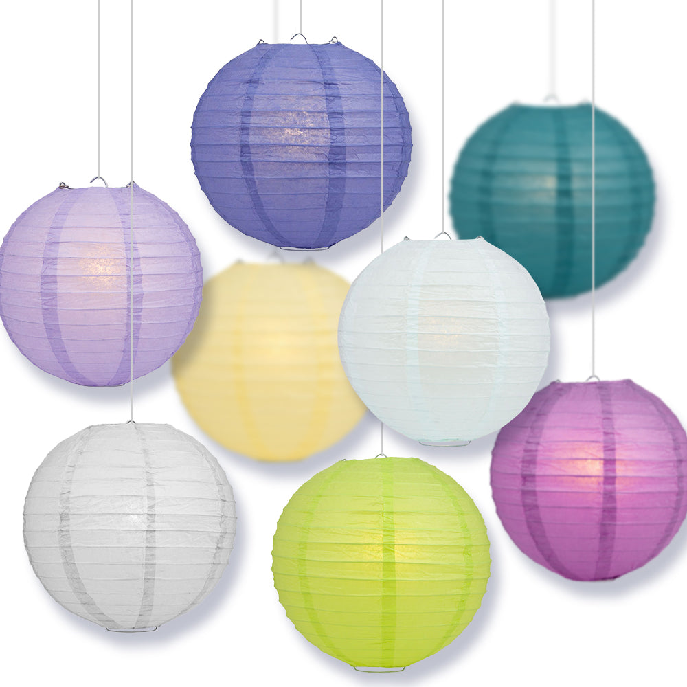 8" Assorted Colors Round Paper Lanterns, Even Ribbing (8-Pack)