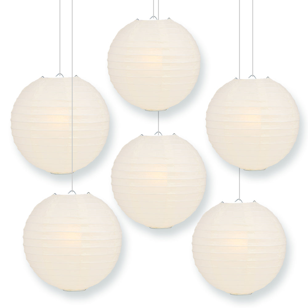 BULK PACK (6) 14" Beige / Ivory Round Paper Lanterns, Even Ribbing, Hanging Decoration