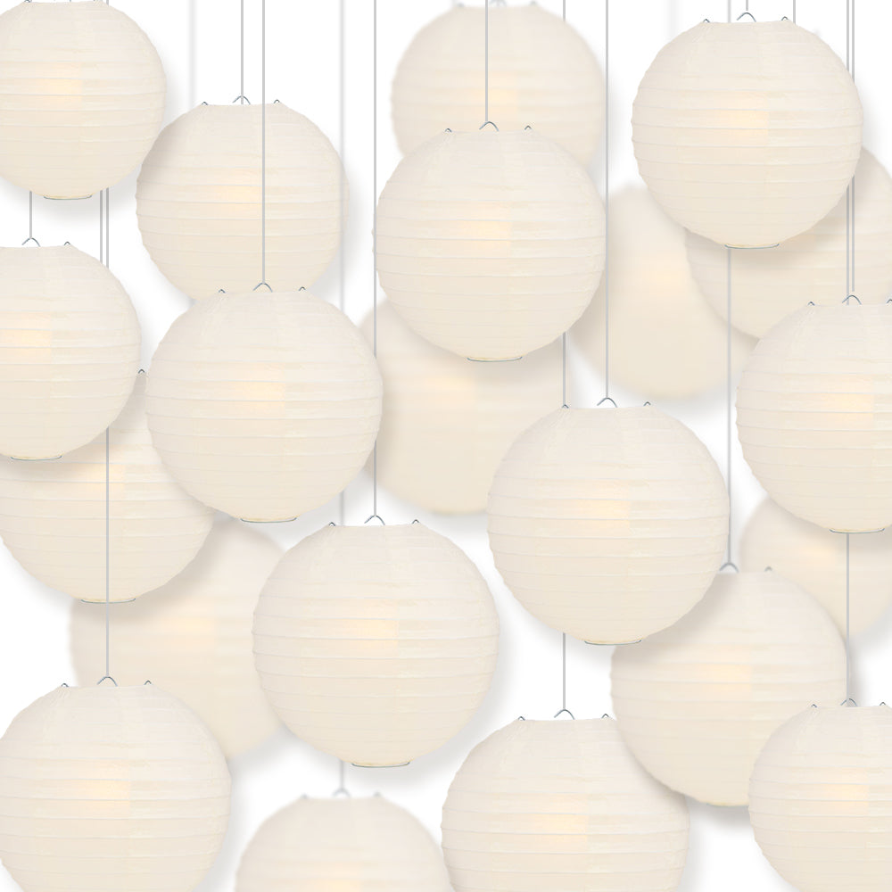 BULK PACK (100) 16" Beige / Ivory Round Paper Lanterns, Even Ribbing, Hanging Decoration