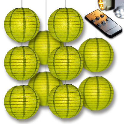 MoonBright Chartreuse Paper Lantern 10pc Party Pack with Remote Controlled LED Lights Included