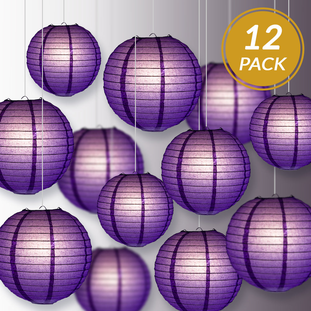 12-PC Royal Purple Paper Lantern Chinese Hanging Wedding & Party Assorted Decoration Set, 12/10/8-Inch - PaperLanternStore.com - Paper Lanterns, Decor, Party Lights & More