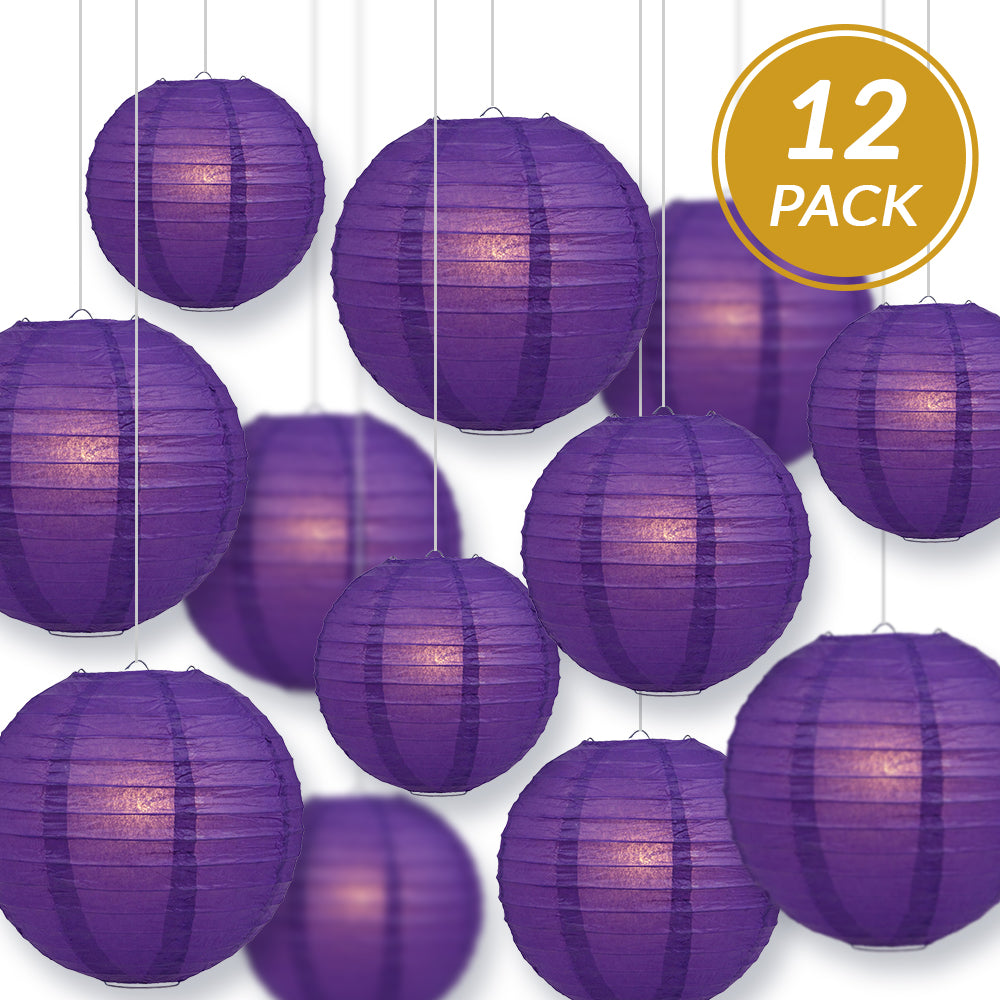 12-PC Royal Purple Paper Lantern Chinese Hanging Wedding & Party Assorted Decoration Set, 12/10/8-Inch - PaperLanternStore.com - Paper Lanterns, Decor, Party Lights & More