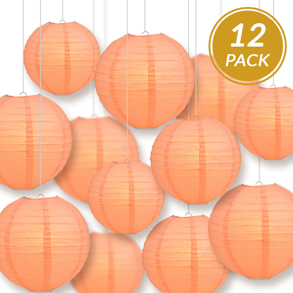 12-PC Peach / Orange Coral Paper Lantern Chinese Hanging Wedding & Party Assorted Decoration Set, 12/10/8-Inch - PaperLanternStore.com - Paper Lanterns, Decor, Party Lights & More