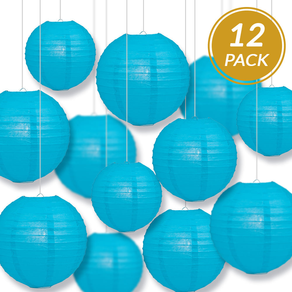 12-PC Turquoise Paper Lantern Chinese Hanging Wedding & Party Assorted Decoration Set, 12/10/8-Inch - PaperLanternStore.com - Paper Lanterns, Decor, Party Lights & More