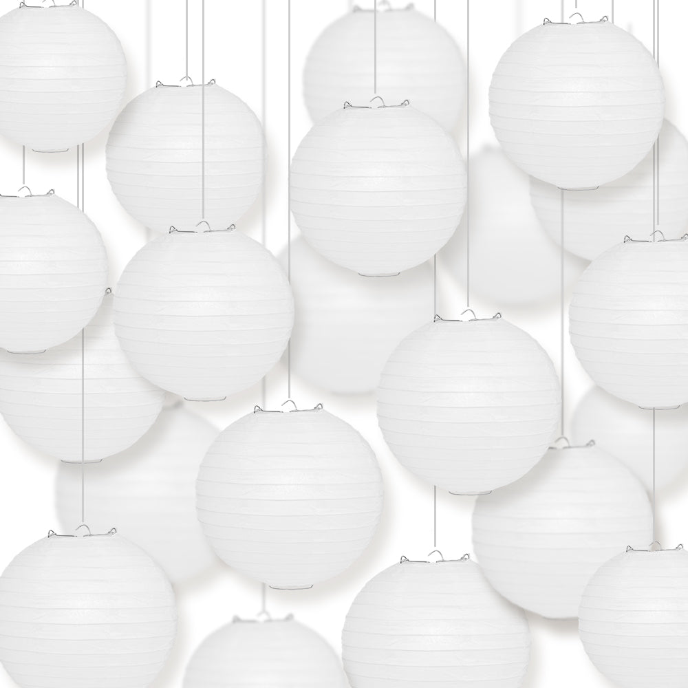 BULK PACK (100) 12" White Round Paper Lanterns, Even Ribbing, Hanging Decoration