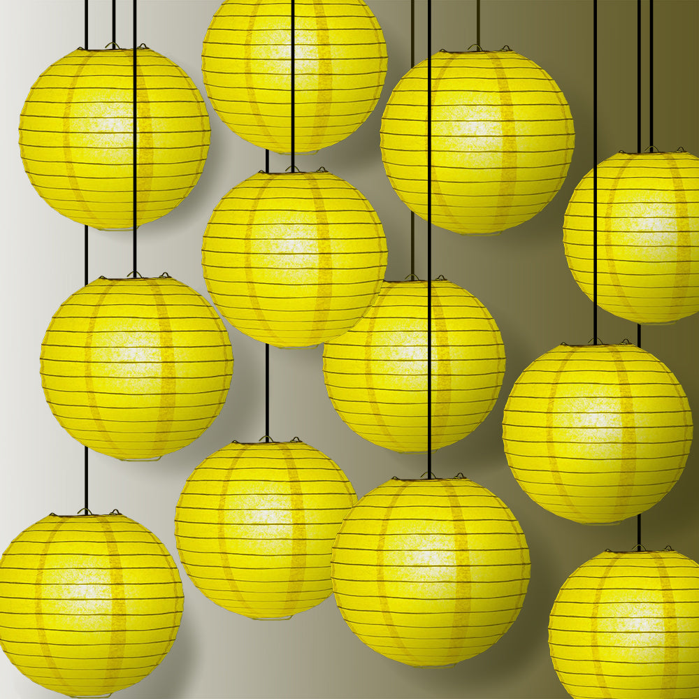 BULK PACK (12) 20" Yellow Round Paper Lantern, Even Ribbing, Chinese Hanging Wedding & Party Decoration