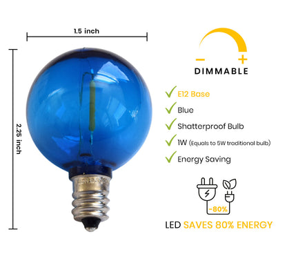 Blue LED Filament G40 Globe Shatterproof Energy Saving Color Light Bulb, Dimmable, 1W,  E12 Candelabra Base (Single)