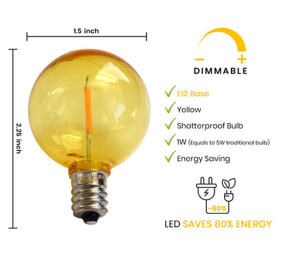 10-PACK Yellow LED Filament G40 Globe Shatterproof Energy Saving Color Light Bulb, Dimmable, 1W,  E12 Candelabra Base