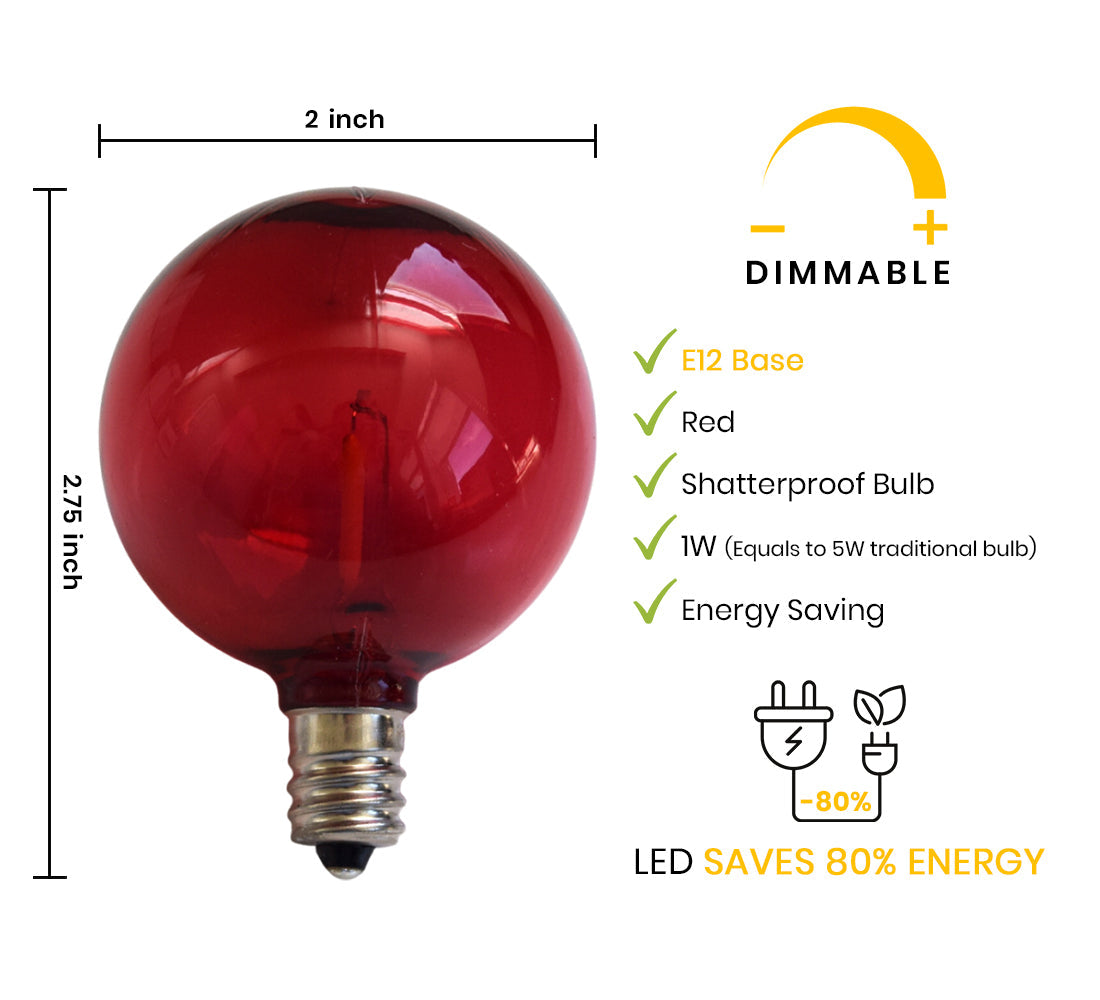 Red LED Filament G50 Globe Shatterproof Energy Saving Color Light Bulb, Dimmable, 1W,  E12 Candelabra Base (Single)