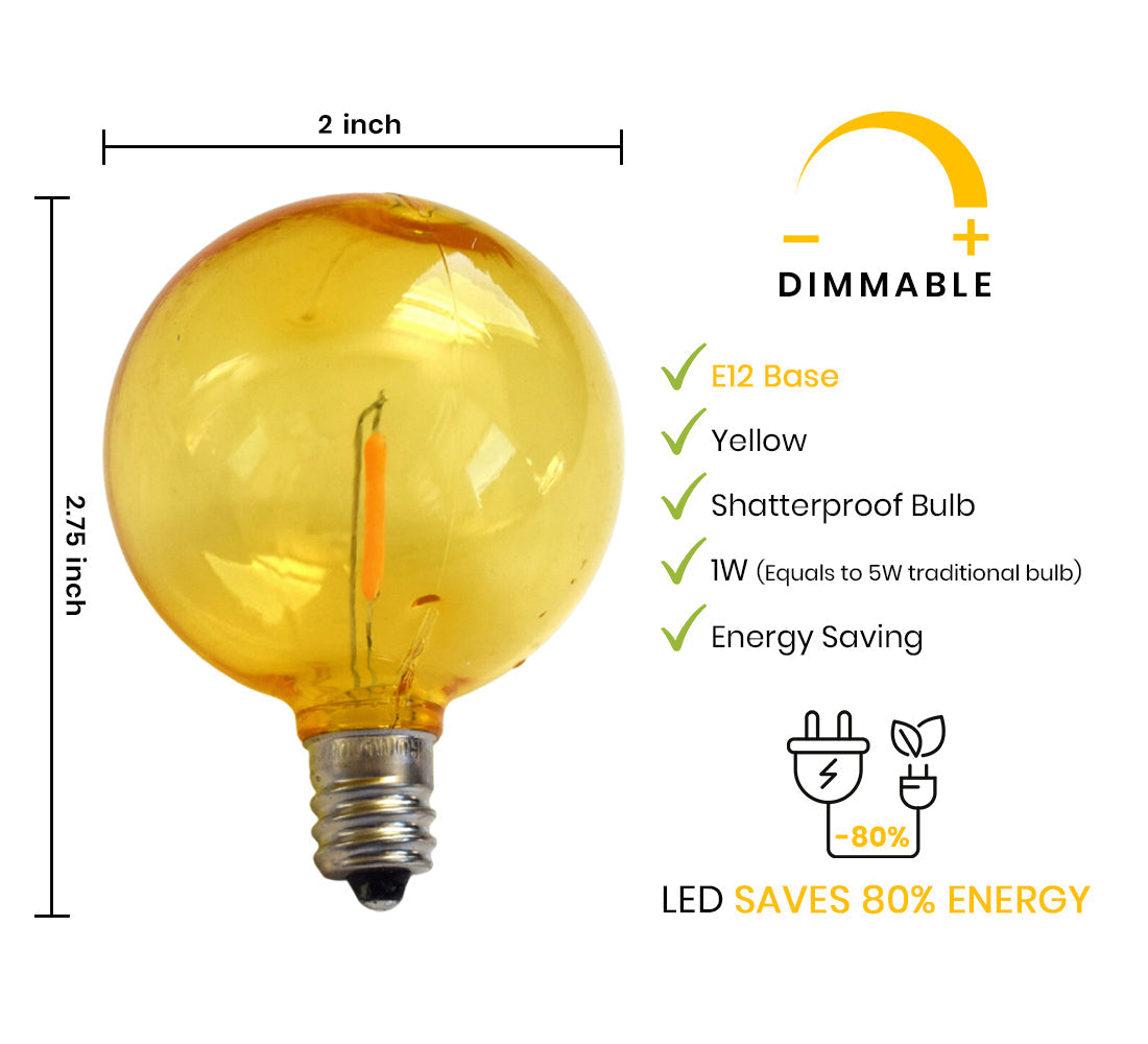 Yellow LED Filament G50 Globe Shatterproof Energy Saving Color Light Bulb, Dimmable, 1W,  E12 Candelabra Base (Single)
