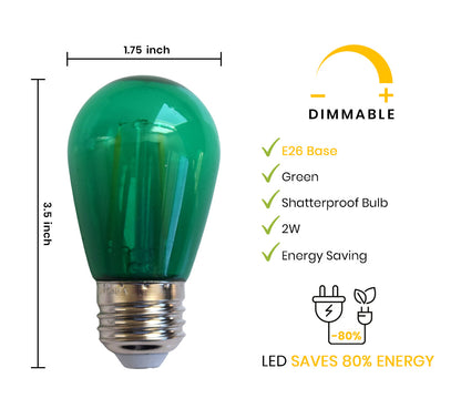 Green LED Filament S14 Shatterproof Energy Saving Color Light Bulb, Dimmable, 2W,  E26 Medium Base (Single)