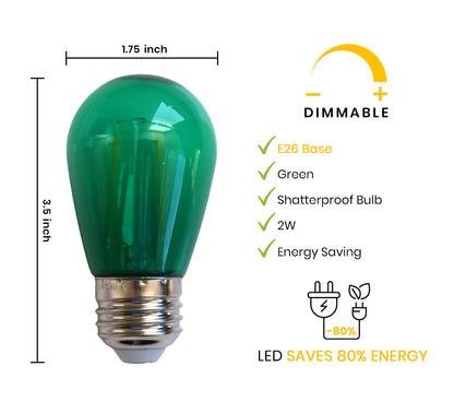 10-PACK Green LED Filament S14 Shatterproof Energy Saving Color Light Bulb, Dimmable, 2W,  E26 Medium Base