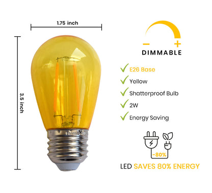 10-PACK Yellow LED Filament S14 Shatterproof Energy Saving Color Light Bulb, Dimmable, 2W,  E26 Medium Base