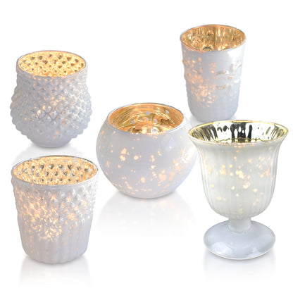 Bohemian Chic Pearl White Mercury Glass Tea Light Votive Candle Holders (Set of 5, Assorted Designs and Sizes)