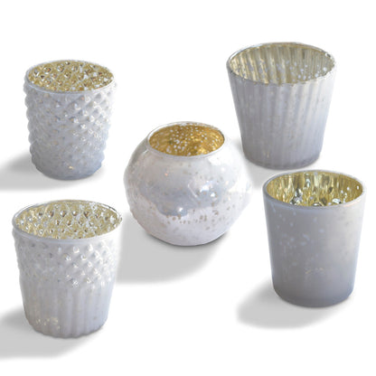 Vintage Elegance Pearl White Mercury Glass Tea Light Votive Candle Holders (Set of 5, Assorted Designs and Sizes)