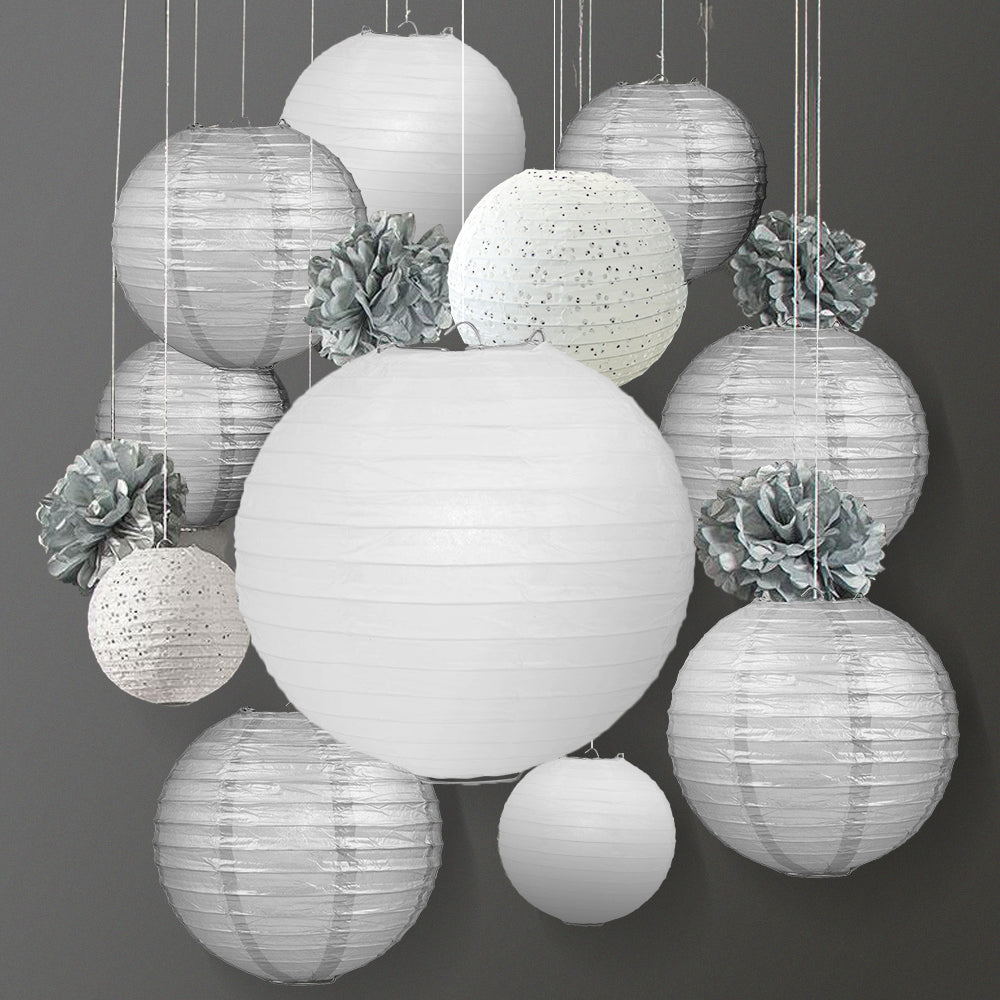 12-pc Silver / White New Year's Eve Celebration Party Pack Paper Lantern Combo Set