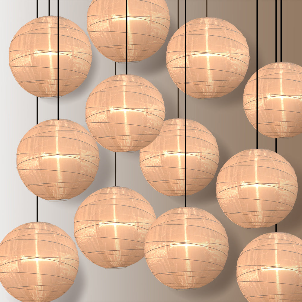 BULK PACK (12) 14" Irregular Ribbed Beige / Ivory Shimmering Nylon Lantern, Durable, Hanging