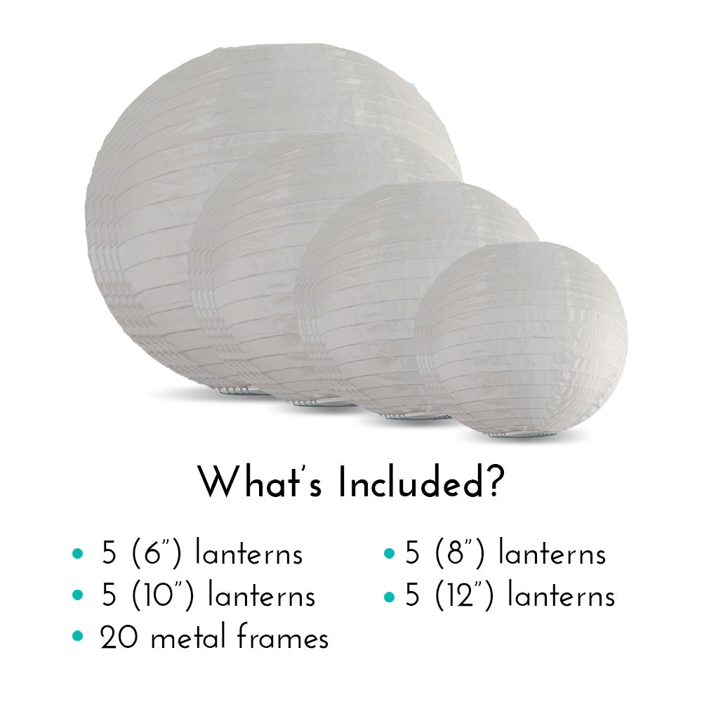 Ultimate 20-Piece Beige Nylon Lantern Party Pack - Assorted Sizes of 6", 8", 10", 12" (5 Round Lanterns Each) for Weddings, Events and Décor