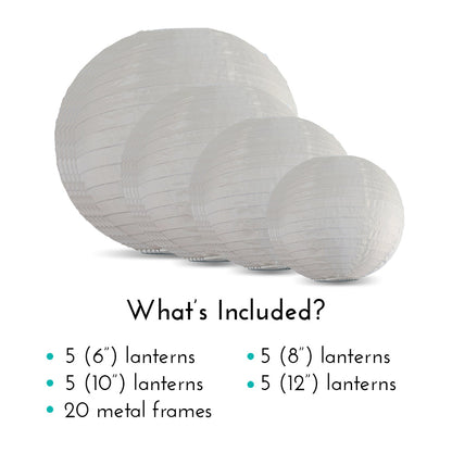 Ultimate 20-Piece Beige Nylon Lantern Party Pack - Assorted Sizes of 6", 8", 10", 12" (5 Round Lanterns Each) for Weddings, Events and Décor
