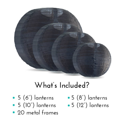 Ultimate 20-Piece Black Nylon Lantern Party Pack - Assorted Sizes of 6", 8", 10", 12" (5 Round Lanterns Each) for Weddings, Events and Décor