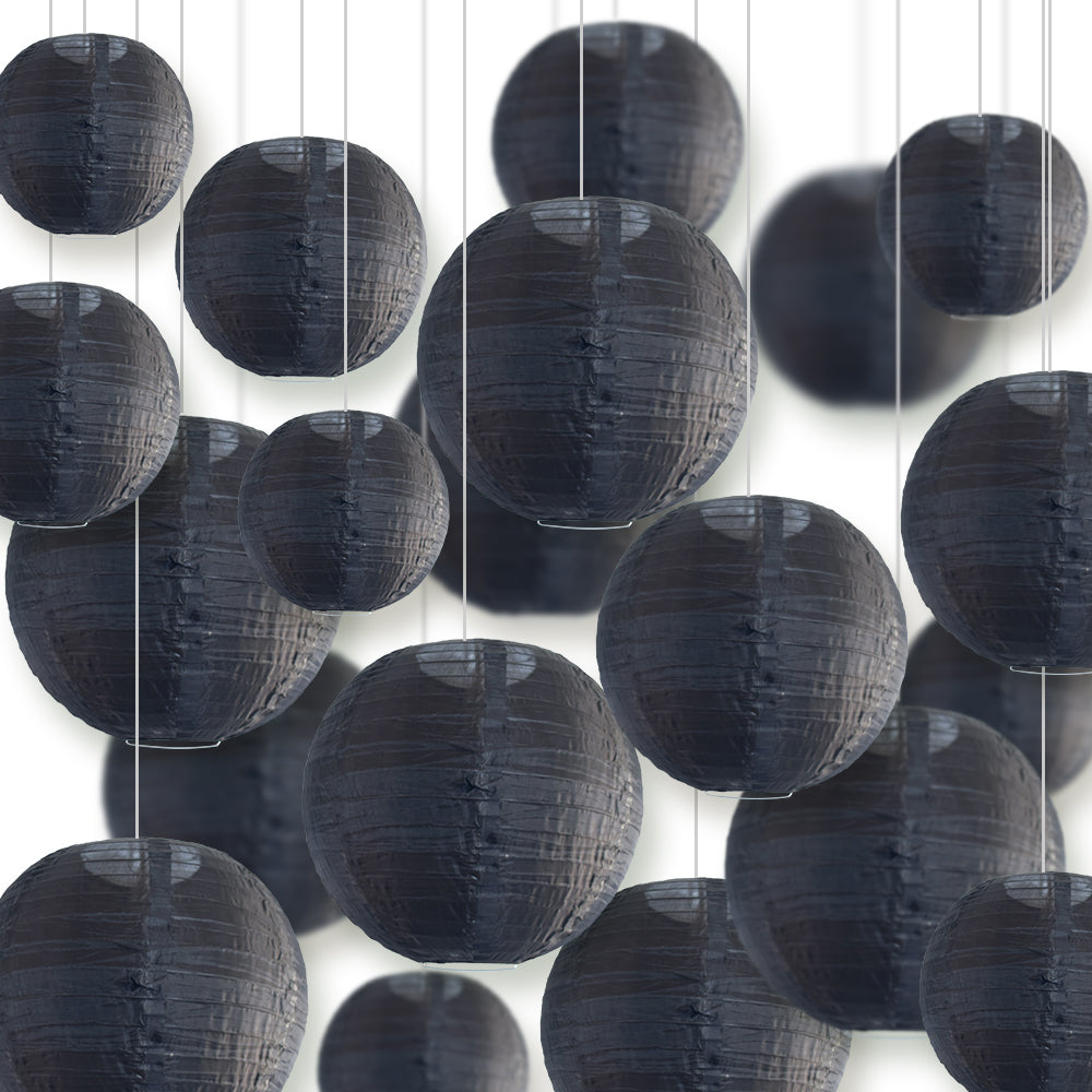 Ultimate 20-Piece Black Nylon Lantern Party Pack - Assorted Sizes of 6", 8", 10", 12" (5 Round Lanterns Each) for Weddings, Events and Décor